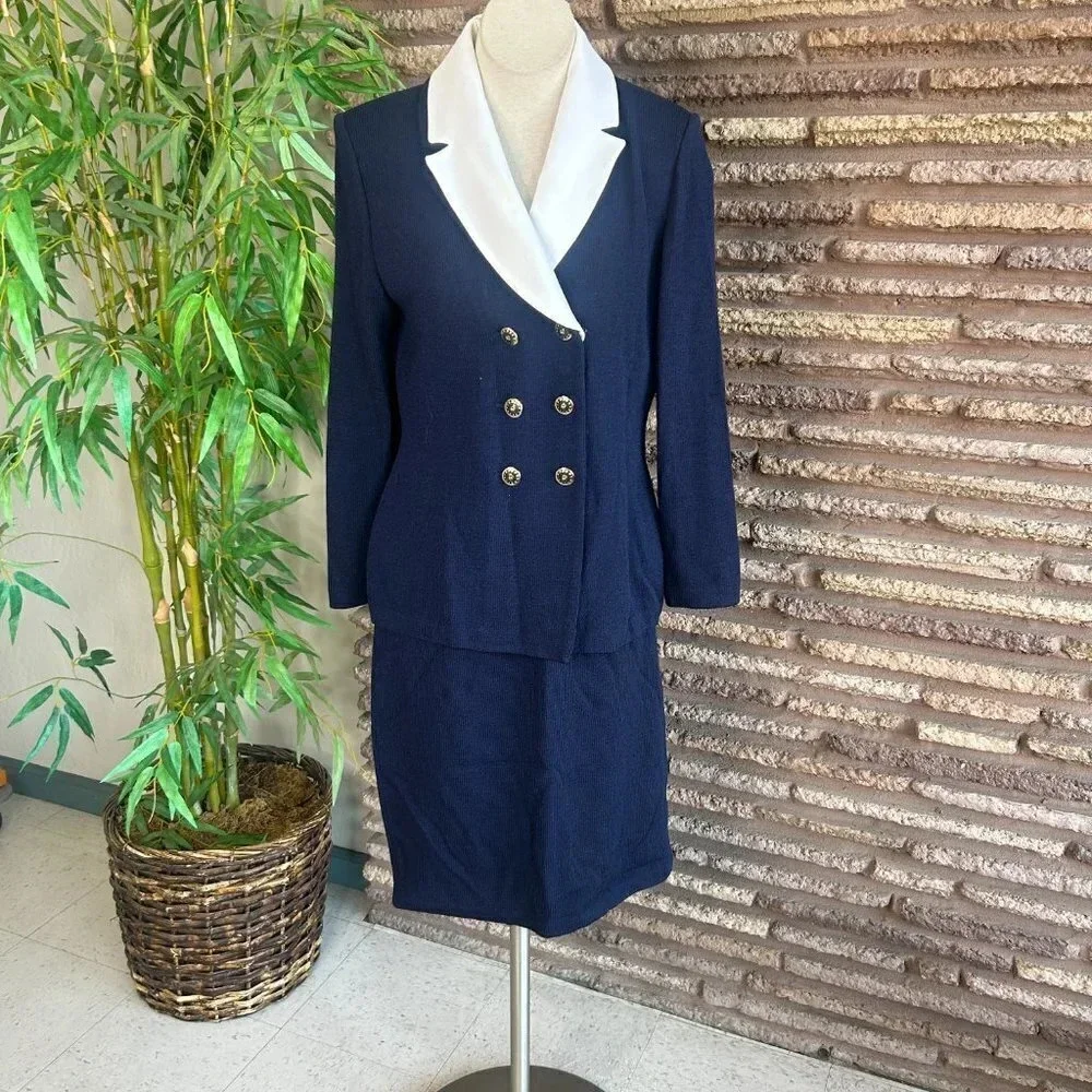 St. John Collection Navy Blue Santana Knit Nautical White Collar Skirt Suit